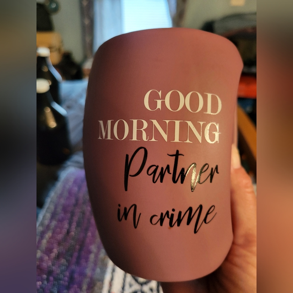 Ceramic coffee mug unique design says good morning partner in crime